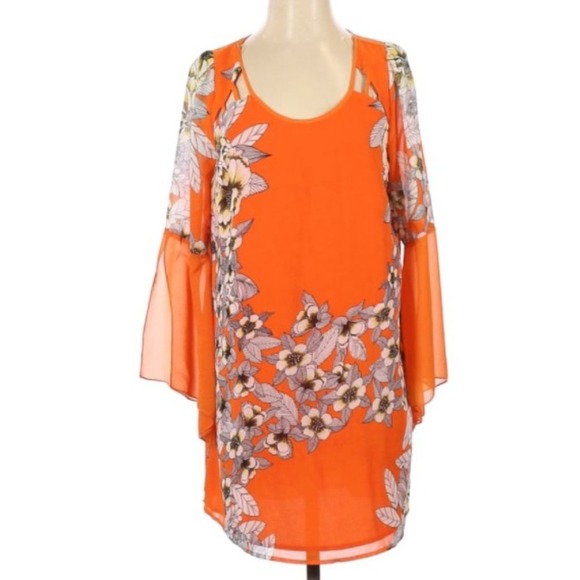 Umgee womens Dress Small Orange Floral Tunic Cut out Bell Sleeves - Picture 3 of 4